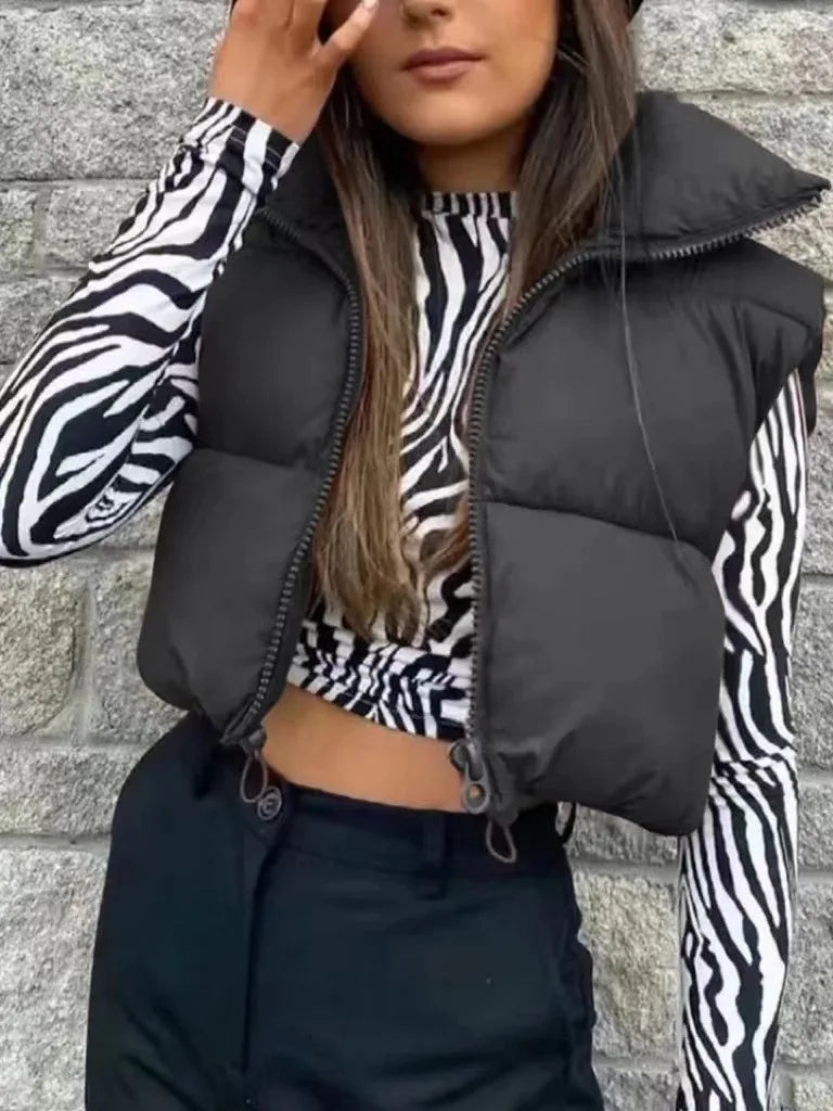 Herbst Winter Kurze Baumwolle Weste Elegante Solide Zipper Ärmel Stehkragen Warme Stepp Weste Mäntel Reise Jacke Im Freien.