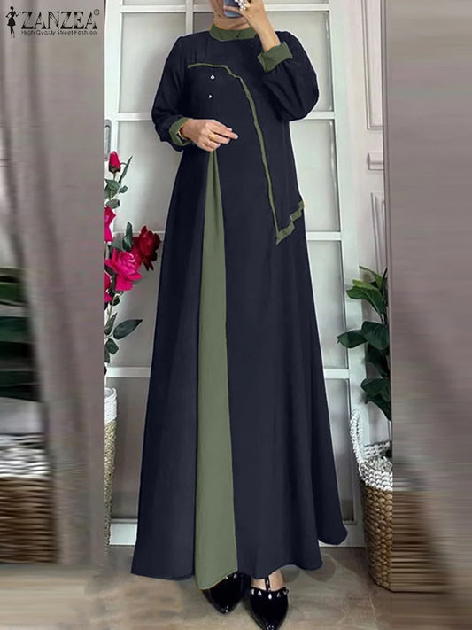 ZANZEA Women Autumn Patchwork Long Sleeve Maxi Dresses Muslim Turkey Abaya Dress Hijab Sundress Robe Femme Loose Vestidos Kaftan.