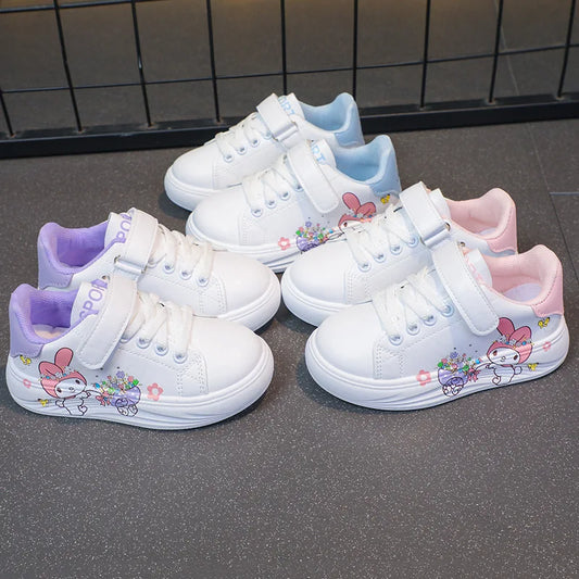 Baby Girls White Shoes Kids Casual Sneakers Cartoon Soft Breathable Fashion Children White PU Leather Shoes Size 26-37.