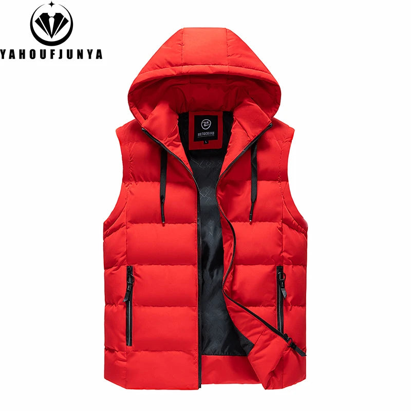 Men Autumn Sleeveless Outdoors Casual Solid Warm Vest Men Winter Detachable Hooded Fleece Pocket Zipper Fashion Vest Male Coat