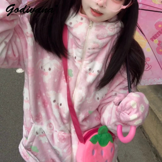 Japanese New Winter Sweet Cute Cartoon Rabbit Flannel Pajamas Set Daughter Girls Pink Thickened Loungewear Women's Sleepwear.