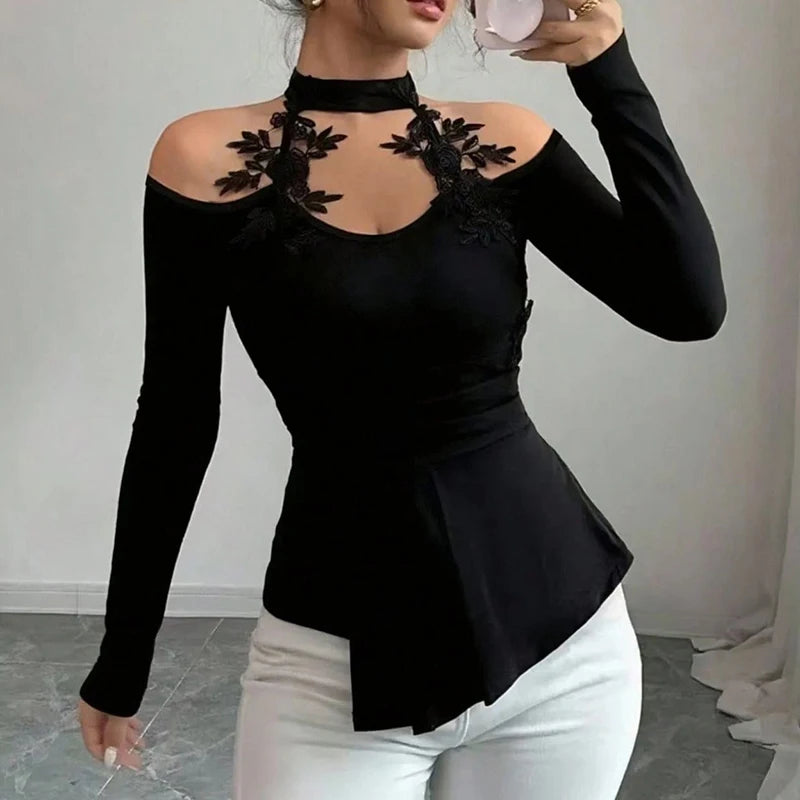 Fashion Women Blouses Sexy Cold Shoulder Skinny Top Elegant Long Sleeve Shirt Women Sexy Tops Female All Match Shirt Black.