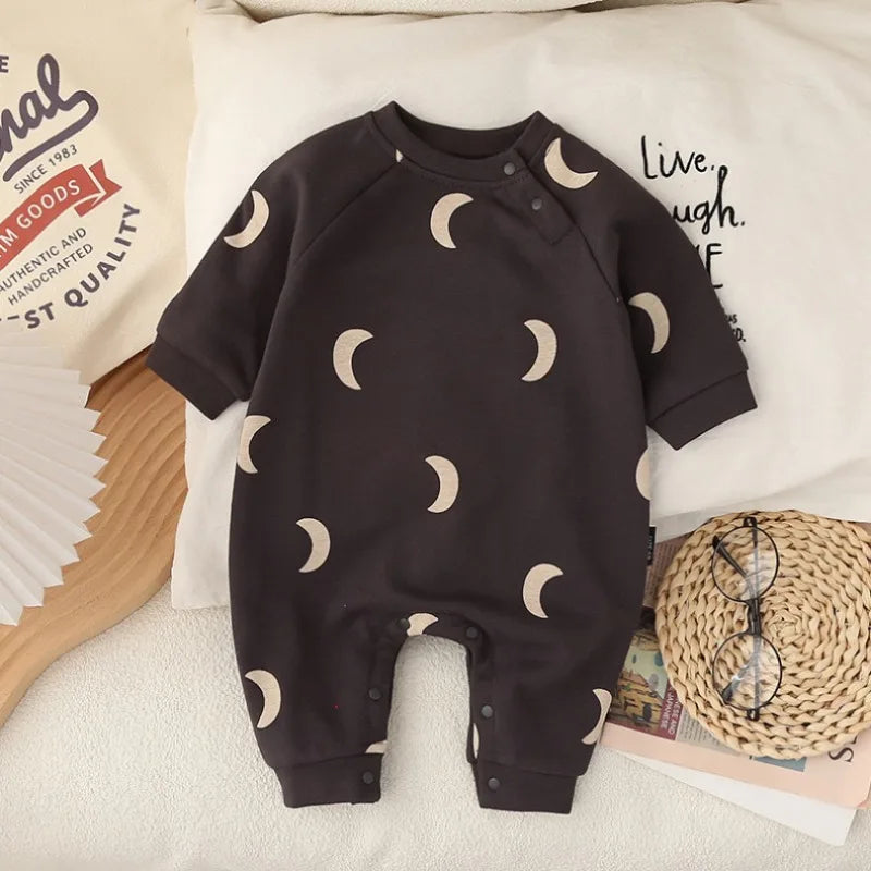 Neugeborener Frühlings- und Wintermode-Anzug mit Mond-Sonnen-Aufdruck, Baumwolle, bequem und weich, 0–12 Jungen und Mädchen, langärmeliger Baby-Body.