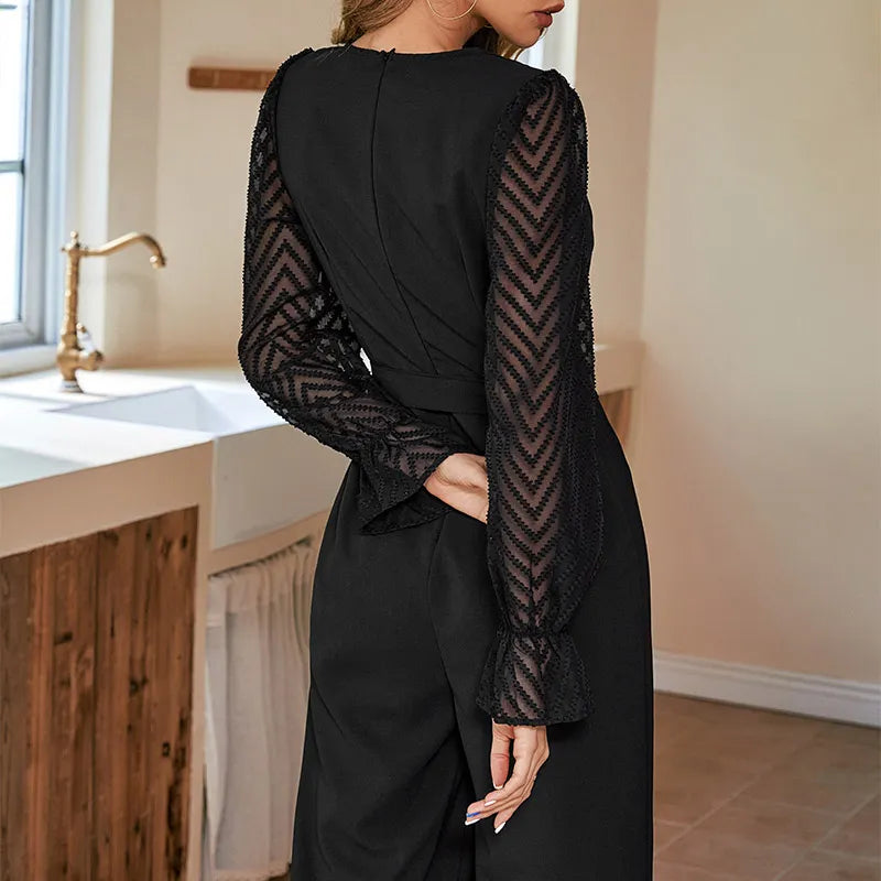Black Jumpsuit for Women Lace-up V Neck Long Sleeve Romper Overalls Woman Hollow Out Spring Autumn Winter Classy Party Jumpsuits.