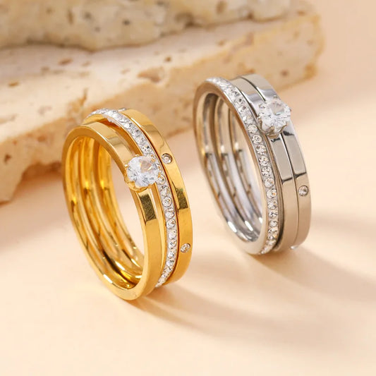 Luxury Stainless Steel Ring For Women Three-Piece Set Zircon Classic Fashion Finger Accessory Jewelry Female Gifts.