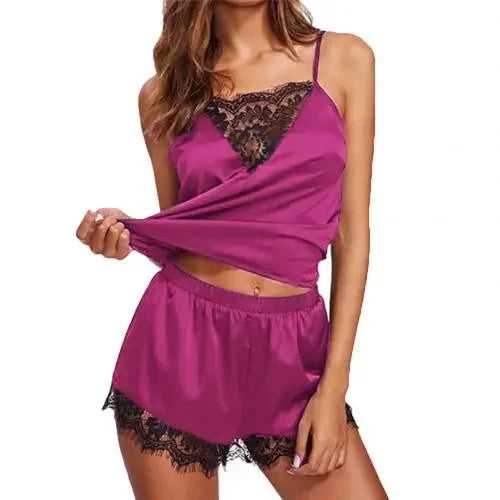 2 Stück sexy Pyjama Set Frauen sexy Spitze Patchwork Satin Seide Spaghetti träger Top heiße Shorts Pyjama Frauen Nachtwäsche Femme Pyjamas