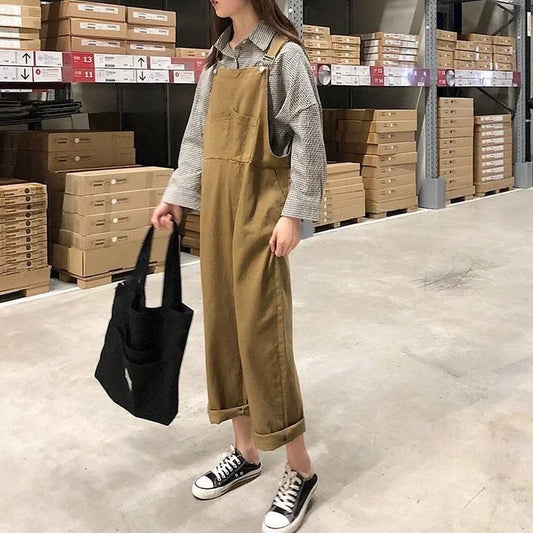Jumpsuits Women Solid Retro Japanese Style Streetwear Denim Suspenders Trousers Harajuku Stylish Hip Hop Straight Overalls Teens.