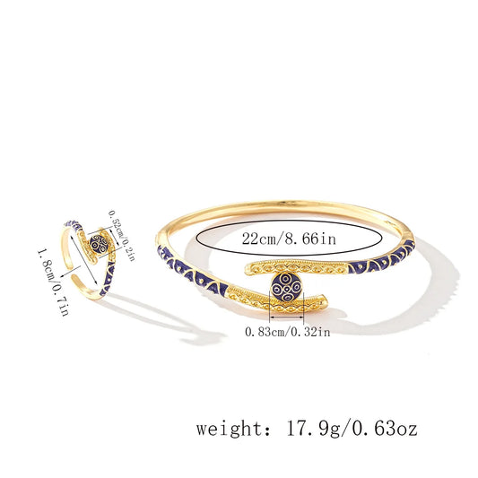 Ajojewel Golden Dubai Bride Jewelry Set Blue Enamel Bangle Ring Adjustable Bangles For Woman.