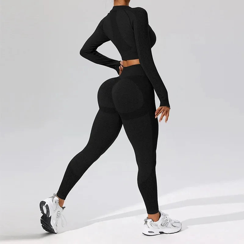 Autumn Winter Yoga Fitness Sportswear Long Sleeve Women's Top And Bottoms Quick Dry Set Finger Snap Gymnastics Outfit.