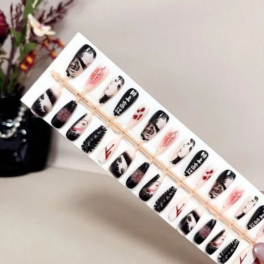 24Pcs Fake Nails Dark Sweet and Edgy Style Pain Nails Anime-Inspired Press-On Nail Tips Perfect Gift for Girls and Friends.