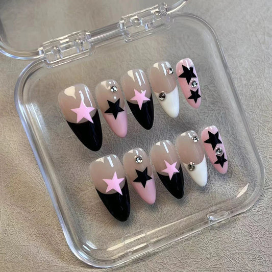 10pcs Handmade Press On Nails Black White Pink French Style False Nails Paches Star Designs Wearable Almond Fake Nail For Women.