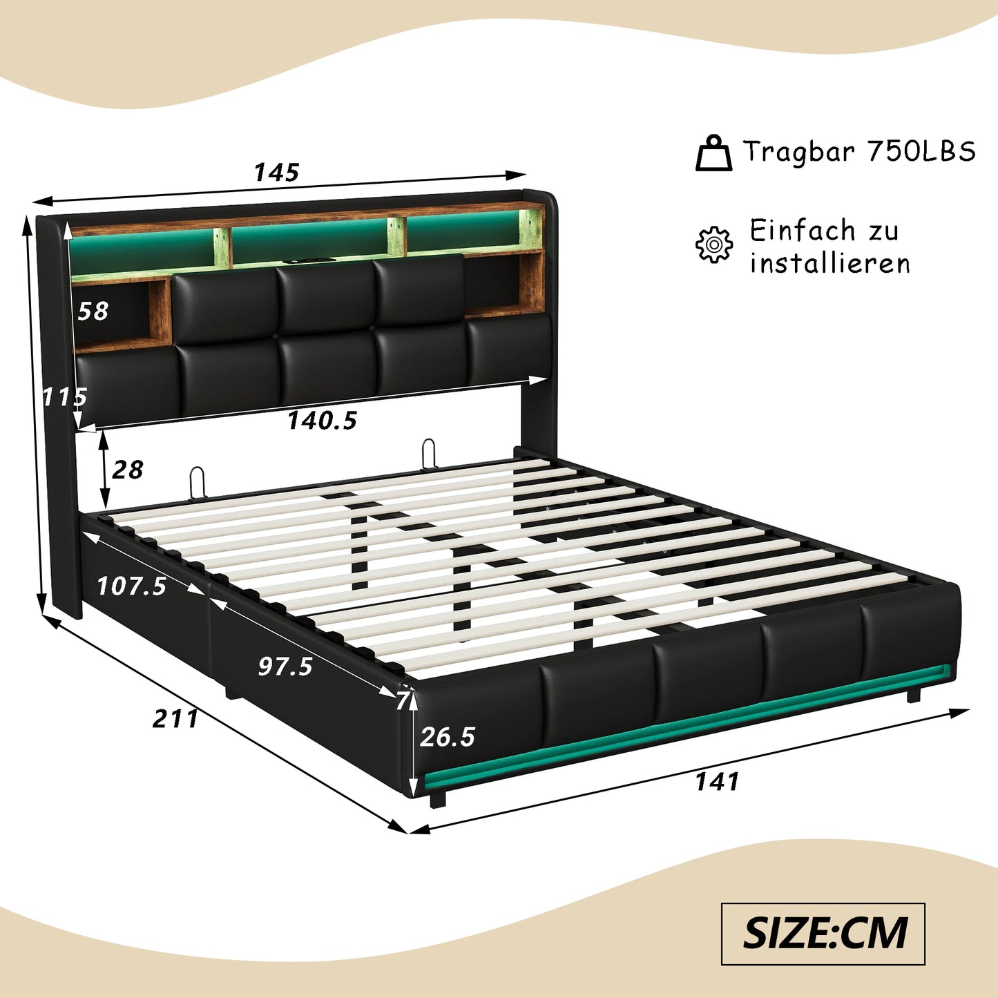 Lazyspace PU-Doppelbett, LED-Beleuchtung und hydraulischem Bettrahmen mit Stauraum, Wohnmöbel-Polsterbett, 140/160 x 200 cm