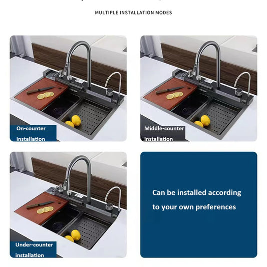 Whale sink kitchen single bowl nano black honeycomb LED digital display flying rain stainless steel large single bowl sink