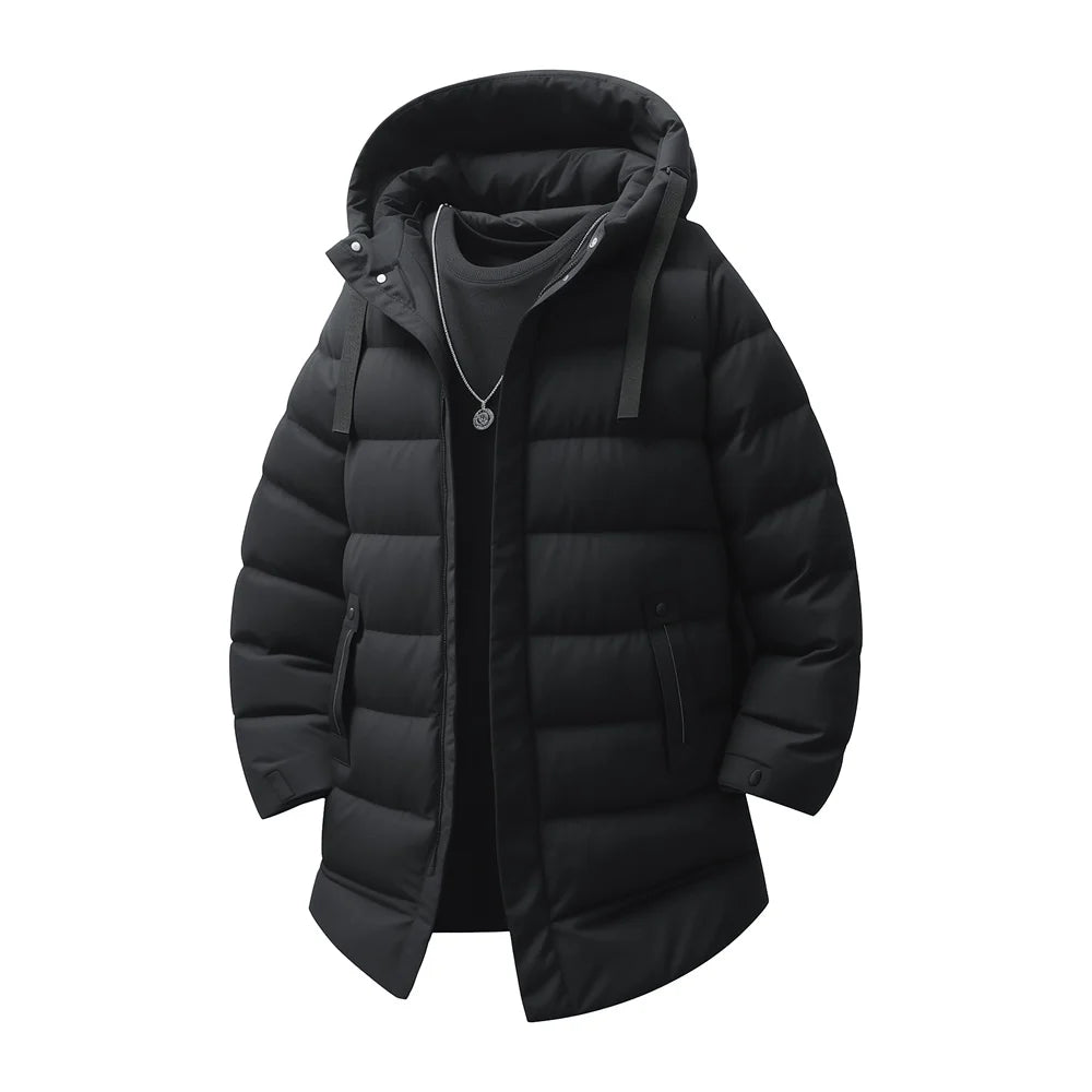 New Winter Men's Mid-Length Cotton-Lined Coat Business-Casual Windproof Warmth Fashionable Hooded Jacket Stylish Menswear