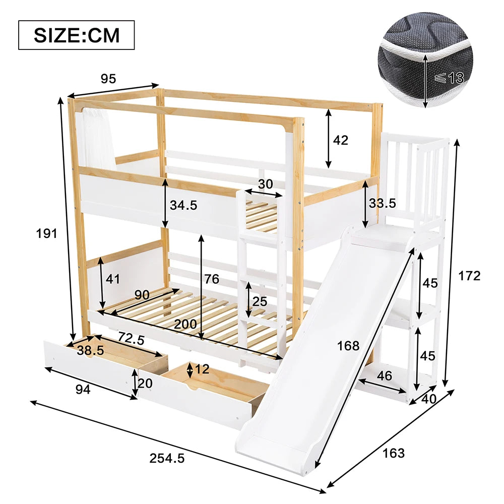 KOMHTOM Kinderetagenbett mit 2 Schubladen (mit Rollen), Kinderrutsche, 90x200cm