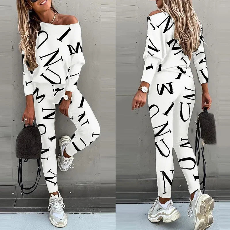 Autumn New Women's Fashion Letter Print Sexy Off Shoulder Long Sleeved Leggings Long Pants Casual Comfortable Two-piece Set