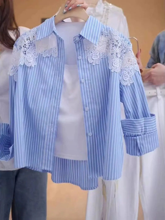 Lace Hook Splicing Polo Neck Striped Women Shirt Spring New Loose Jacket Top.