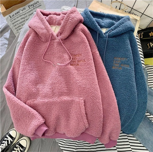 Autumn Winter Fashion Hooded Sweatshirt Women Korean Loose Solid Letter Tops Long Sleeve Warm Outfit Hoodie Lady Casual Street.