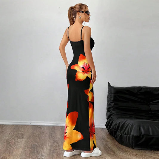 Frauen Floral Bedruckte Spaghetti Strap Slash Neck Maxi Kleid Sommer Backless Sexy Bodycon Strand Urlaub Urlaub Party Lange Dresse.