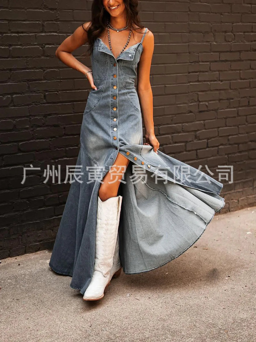 Europa und die Vereinigten Staaten Retro Wash Do Old Denim Neckholder Slim Single-Breasted Big Swing Kleid für Damen Sommer Vestidos.