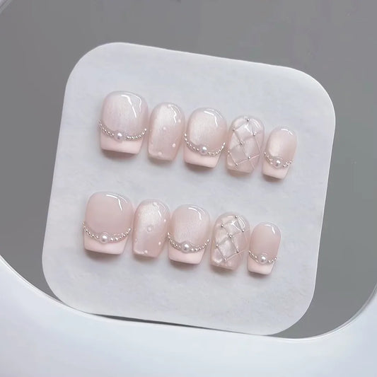 10pcs Handmade Press on Nails Plaid Pearl French Cat's Eye Aurora Fishtail Full Coverage Nail Tip for Women&Girl Removable Nail.