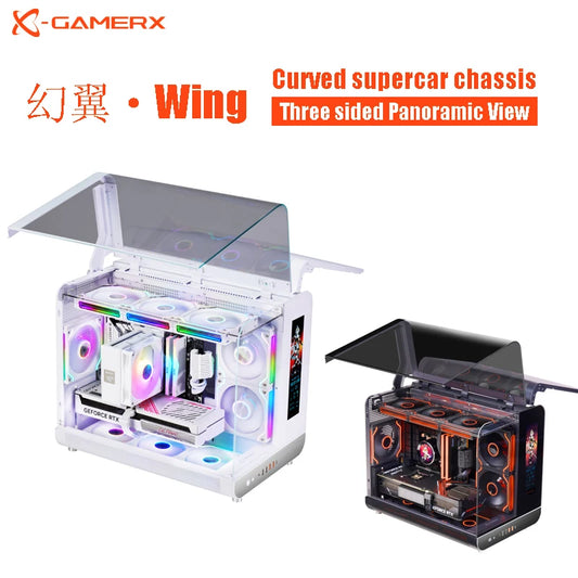 X-GAMERX HUANYI WING MATX Seaview room Case Vertical Desktop Computer 360 Water-cooled Chassis TYPE-C Interface With Screen.