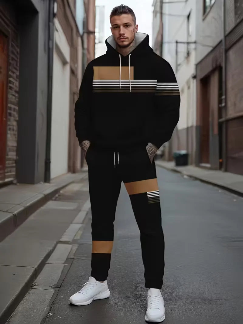 Autumn and Winter Casual Men's Sweatshirt Sets Fashion Striped Print Hoodies and Pants 2 Piece Outfit Outdoor Loose Sports Suit.