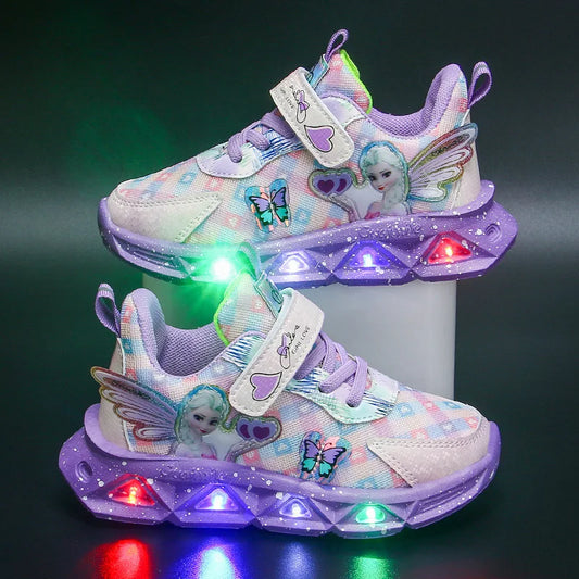 Disney Children's Sports Shoes Led Lights Sneaker Cartoon Frozen Princess Elsa PU Leather Girls' Pink Children's Running Shoes.