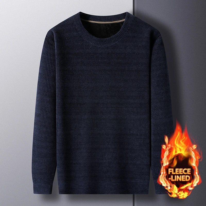Fleece-Lined Knitted Pullover Sweater Casual Jumper for Men Insulated Warm Long Sleeve Thick Material Round Neck Design