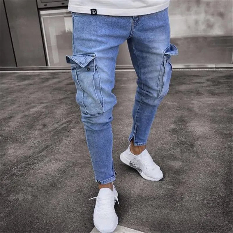 Spring New Hot Sale Stretch Men's Jeans Fashion Trendy Casual Knee Wear-Resistant Comfortable Zipper Feet Skateboard Pants.