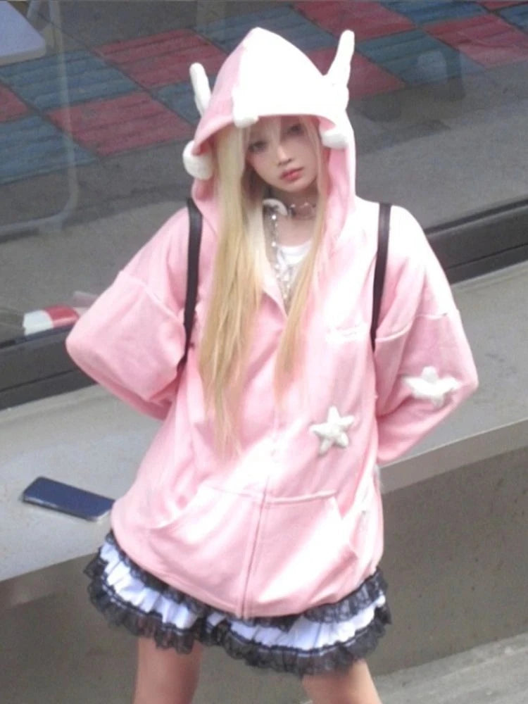 Japanese Kawaii Print Hooded Coats Women Sweatshirts Harajuku Printed Jacket Aesthetic Grunge Blouse Subculture Cute Y2k Tops.