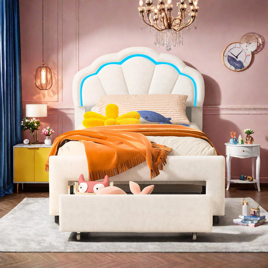 Rosahqnda gepolsterter Bettrahmen mit blumenförmigem Kopfteil, Bettrahmen, Einzelbett, Blütenblattbett, Jugendbett für Jungen und Mädchen