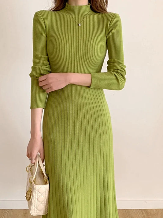 Herbst Winter 2023 Schlank Langarm Party Midi Kleid für Frauen Gestrickte Halb Hohen Kragen Elegante Gestrickte Pullover Kleider Damen.