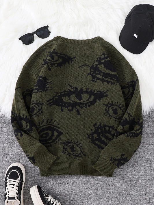 New Popular Autumn and Winter Abstract Eye Jacquard Pattern Pullover Sweater Casual Round Neck Knitted Men's Pullover.