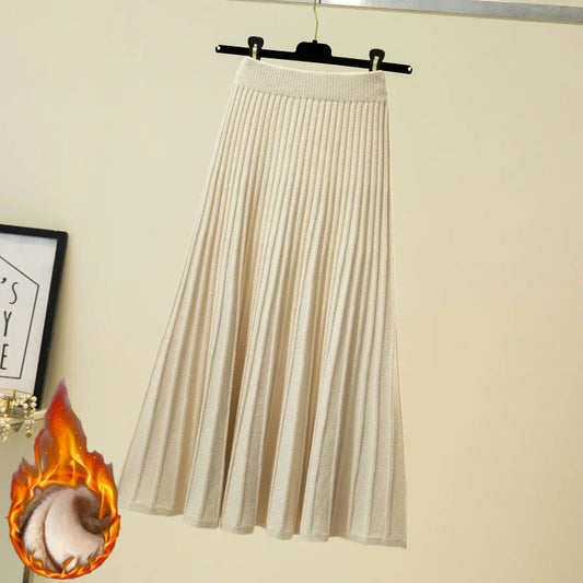 2025 Brand Designer Women Autumn Winter Thick Elegant Chic Solid Pleated Skirt High Waist Luxury Fashion With Elastic Female.