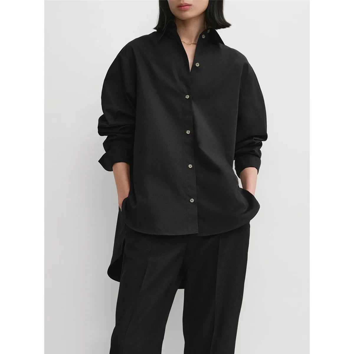 LUXURY Women's Vertical Striped Shirt, Short Front and Back, Short, Vertical Striped Shirt, Loose Long Sleeve, Commuter Style