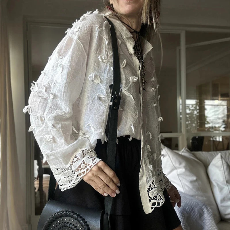 Casual Solid Color Long Sleeve Vacation Shirts Elegant Lapel Floral Hollow Out Blouse Fashion Women Single Breasted Commute Tops.