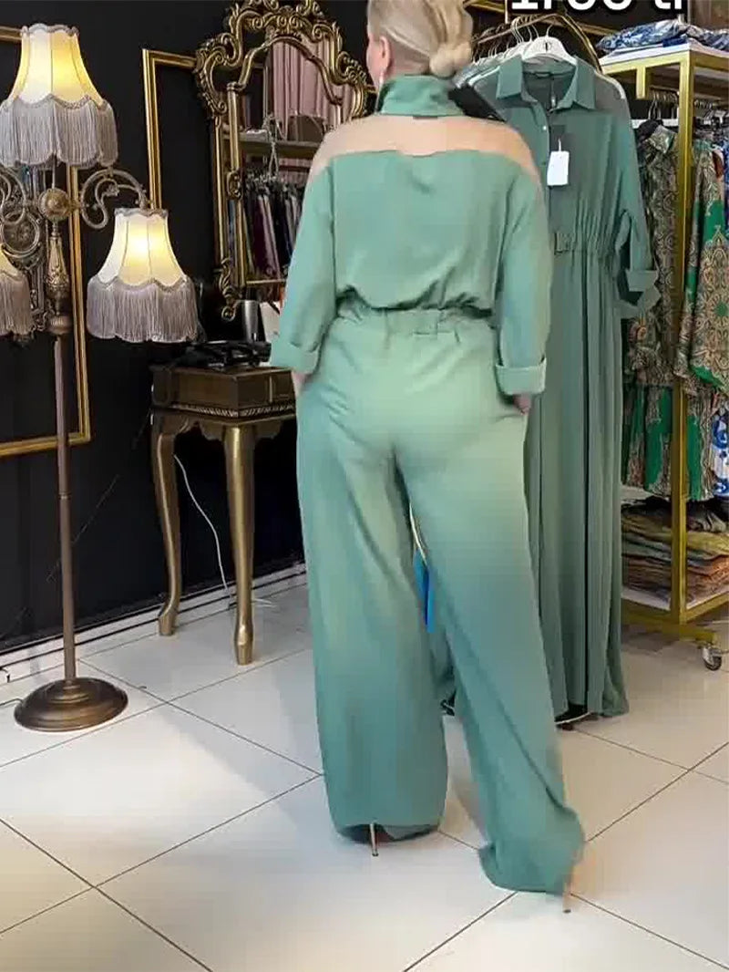 Jumpsuit Full Sleeve Turn Down Collar Office Lady Buttons The Waist Jumpsuits for Women 2024 One Piece Wide Leg Pants Rompers.