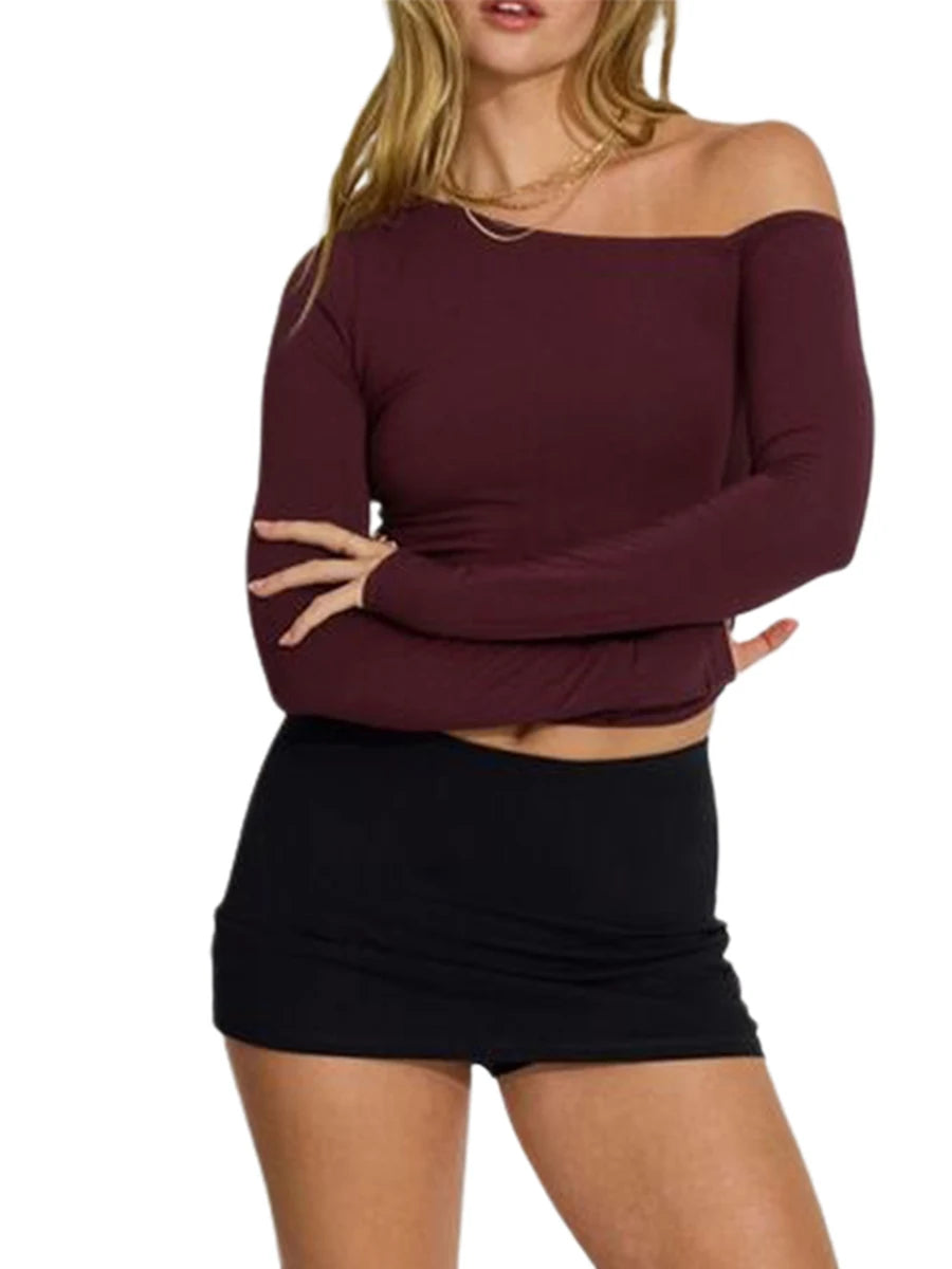 Women's One Shoulder Pullover Tops Slim Fit Solid Color Slash Neck Long Sleeve Showing Navel Asymmetrical Basic Shirt for Fall