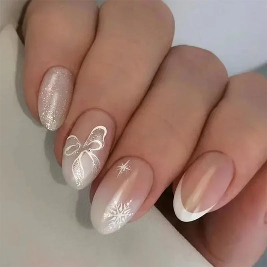 24Pcs Christmas Press on Nails White Snowflake Fake Nails French Almond Glitter Artificial Nails Full Cover Nail New Year Gifts.