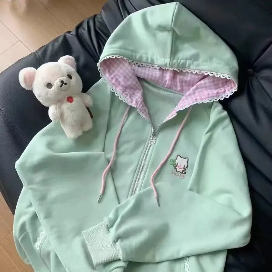 Katze Floral Lange Ärmeln Zipper Dünne Jacken 2025, Frühjahr Neue Hoodie Mantel Frauen Y2k Casual Alle-spiel Tops mujer Sweatshirt.