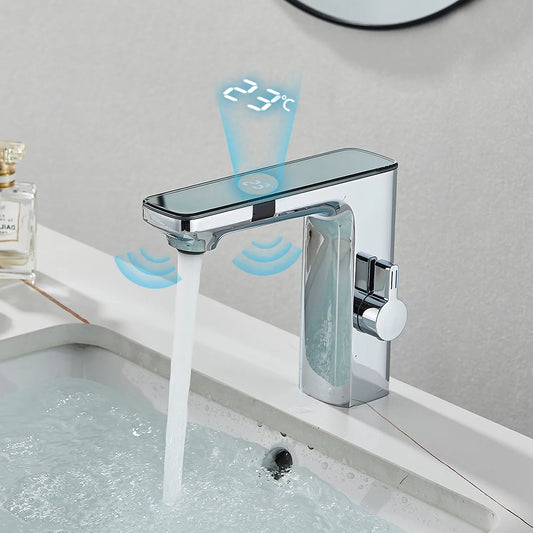White Smart Sensor Basin Faucet Screen Digital Display Hot Cold Water Mixer Tap Touchless Vanity Sink Faucet For Bathroom