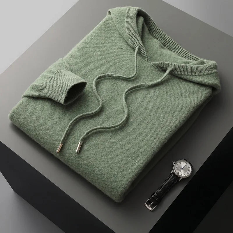 100% Cashmere Sweater Men's Ready-To-Wear Hooded Knitted Pullover Autumn Winter Long Sleeved Sweater Casual Sports Hoodie Top