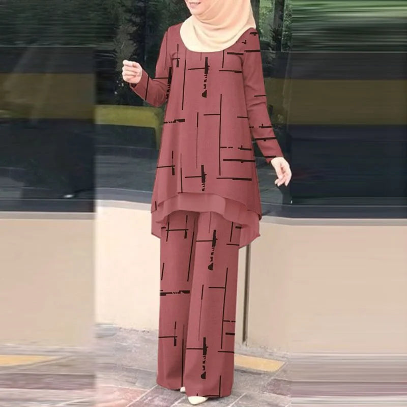 Vintage Stylish Muslim Suit 2PCS Long Sleeve Blouse Pant Sets Islamic Clothing Female Casual Floral Printed Matching Sets.