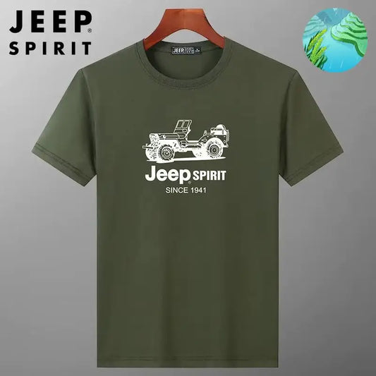 JEEP SPIRIT Mens T-shirt Summer 100%Cotton 230g Heavy Print Sports Breathable Round Neck Top Loose Solid Short Sleeve.