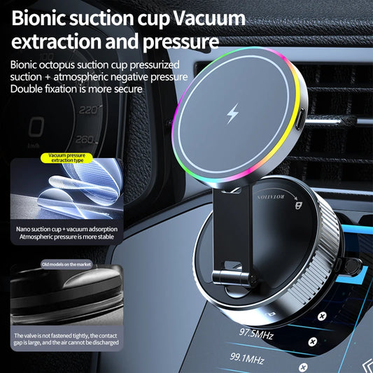 2025 New K3 Wireless Charger Car Phone Holder Colorful Light Vacuum Suction Cup Charging Can 360° Rotate Foldable Phone Holder.
