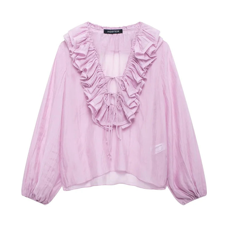 MUJER 2025 Ruffle Blouses for Women Semi Sheer Casual Blouse Woman Pleated Summer Shirts and Blouses Women Long Sleeve Women Top.