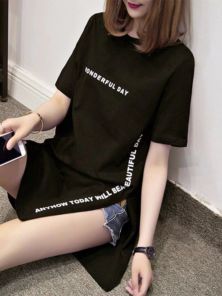 WONDERFUL DAY Print Long T shirts Summer Women Loose Slit Femme Tops Tshirt Short sleeve Ladies t-shirt