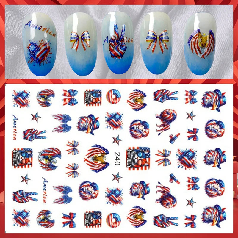 8Pcs/Set 3D USA Independence Day Nail Stickers America Flags Design Self-Adhesive Nail Art Decals DIY Manicure Decor Sliders &#.