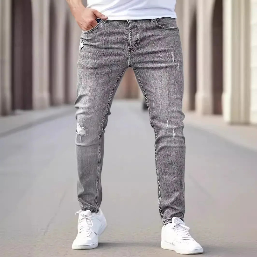 New men's jeans elastic slim fit pants street wear classic ripped cat whiskers casual jeans tight zipper denim clothing black bl.